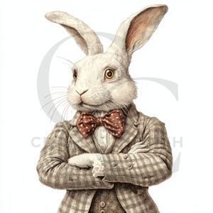 May include: Illustration of a white rabbit wearing a plaid suit and a red bow tie with white polka dots. The rabbit has its arms crossed and is looking forward. The rabbit has yellow eyes and long ears.