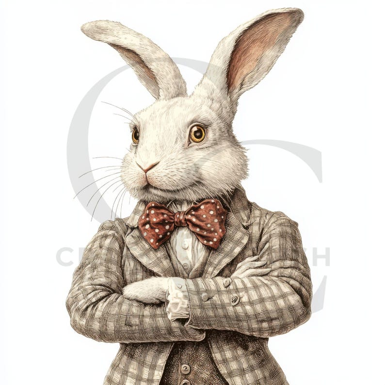 May include: Illustration of a white rabbit wearing a plaid suit and a red bow tie with white polka dots. The rabbit has its arms crossed and is looking forward. The rabbit has yellow eyes and long ears.