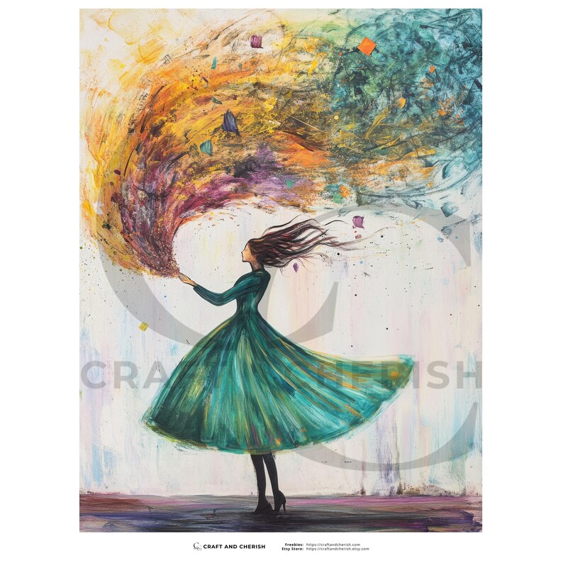 May include: An abstract painting depicts a woman in a teal dress with flowing hair, holding a burst of colorful energy. The artwork features a palette of teal, orange, yellow, purple, and blue hues, with a textured, painterly style. The woman is in profile.