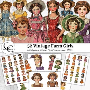 52 images de collage imprimables d'art de fille de ferme vintage, éphémères vintage, papercraft, journal indésirable, scrapbooking, haute qualité, téléchargement numérique, CU