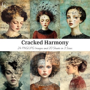 24 retratos de garotas com harmonia rachada, garotas musicais surreais para impressão, artesanato em papel, diários de sucata, álbuns de recortes, alta qualidade, download digital