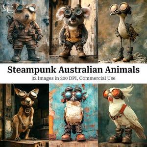 32 Steampunk Australische Tiere druckbare Bilder, Aussie Tiere, Papiermodelle, Junk Journal, Sammelalbum, hohe Qualität, digitaler Download, CU