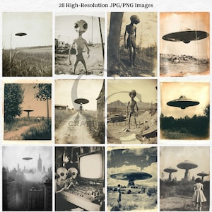 May include: A collection of 28 high-resolution vintage-style images featuring extraterrestrial themes. The images depict flying saucers, aliens, and retro scenes, all in sepia tones. The collection includes various compositions, from rural landscapes to cityscapes.