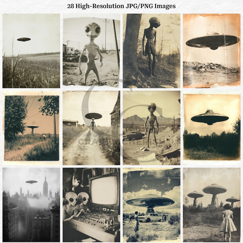 May include: A collection of 28 high-resolution vintage-style images featuring extraterrestrial themes. The images depict flying saucers, aliens, and retro scenes, all in sepia tones. The collection includes various compositions, from rural landscapes to cityscapes.