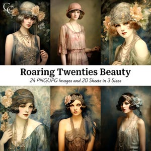 Puede incluir: Una colección de arte digital titulada "Roaring Twenties Beauty" con seis retratos de mujeres con atuendos vintage. Las imágenes muestran vestidos estilo flapper, diademas y detalles florales, evocando el glamour de los años 20.