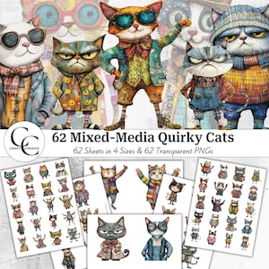 62 chats excentriques fantaisistes, images transparentes imprimables, collage technique mixte, documents éphémères, création de papier, journal indésirable, scrapbooking, téléchargement numérique