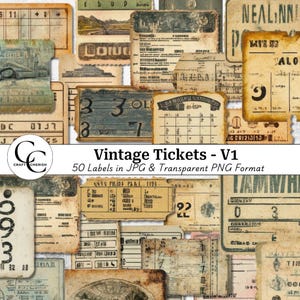 Puede incluir: Un collage de boletos y etiquetas vintage con texturas de papel envejecido. Los boletos presentan texto descolorido, números y gráficos en tonos beige, marrón y verde. El texto "Vintage Tickets - V1" es visible.