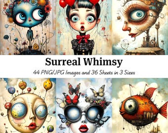 May include: A collection of six surreal art prints featuring whimsical characters with large eyes, balloons, and butterflies. The text "Surreal Whimsy" is displayed, along with details about the image formats and sizes.