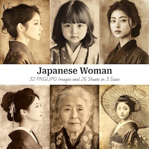 32 Japanese Woman Portrait Images, Asian Girl, Printable Images, Paper Craft, Scrapbooking, Journaling, High Quality, Digital Download, CU