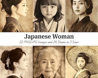May include: Sepia-toned digital art featuring six portraits of Japanese women of different ages. The text "Japanese Woman" is displayed below the portraits, along with details about the image sizes and formats.