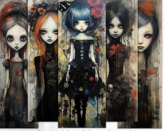 Eerie Gothic Girl Bookmarks: Spooky Halloween Woman Printable Dark Art Images (Digital Download)