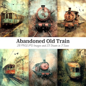 28 Trenes antiguos abandonados, tren antiguo, patio de trenes, imágenes imprimibles, manualidades de papel, álbumes de recortes, diario, alta calidad, descarga digital, CU