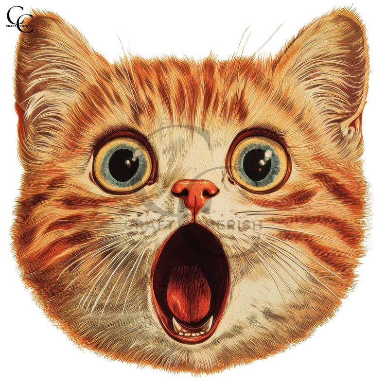 May include: Vintage illustration of a surprised orange tabby cat head with wide blue eyes and an open mouth. The cat's fur is detailed with orange and white stripes, and the nose is pink. The image has a classic, retro style.