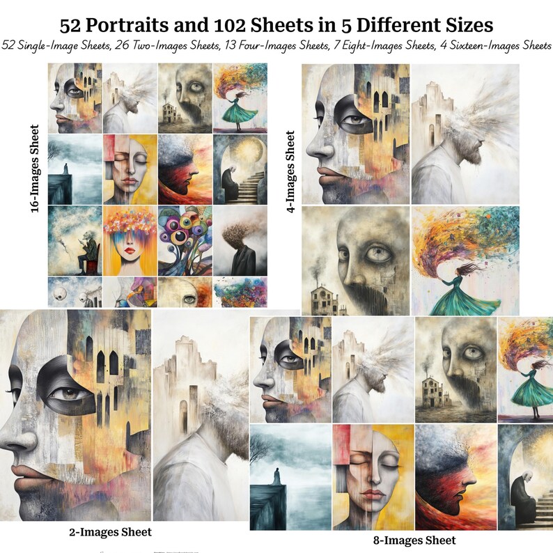 May include: A collection of abstract portrait art prints in various sizes, including 52 single-image sheets, 26 two-image sheets, and more. The artwork features surreal faces and figures with colorful, dreamlike elements. The text reads "52 Portraits and 102 Sheets in 5 Different Sizes."