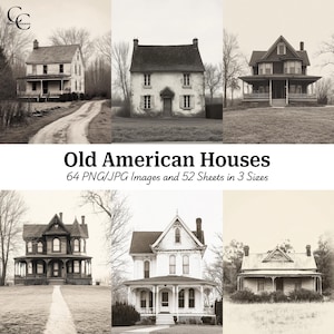 64 Alte Amerikanische Häuser Druckbare Bilder, Schwarz und Weiße Häuser, Papiermodelle, Junk Journals, Sammelalben, Hohe Qualität, digitaler Download, Cu