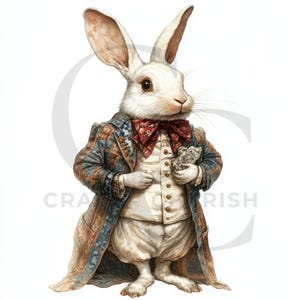 May include: A watercolor illustration of a white rabbit dressed in a patterned coat, vest, and bow tie. The rabbit is holding a small object and has long ears. The image has a whimsical, storybook feel, with the word "CRAFTISH" partially visible.