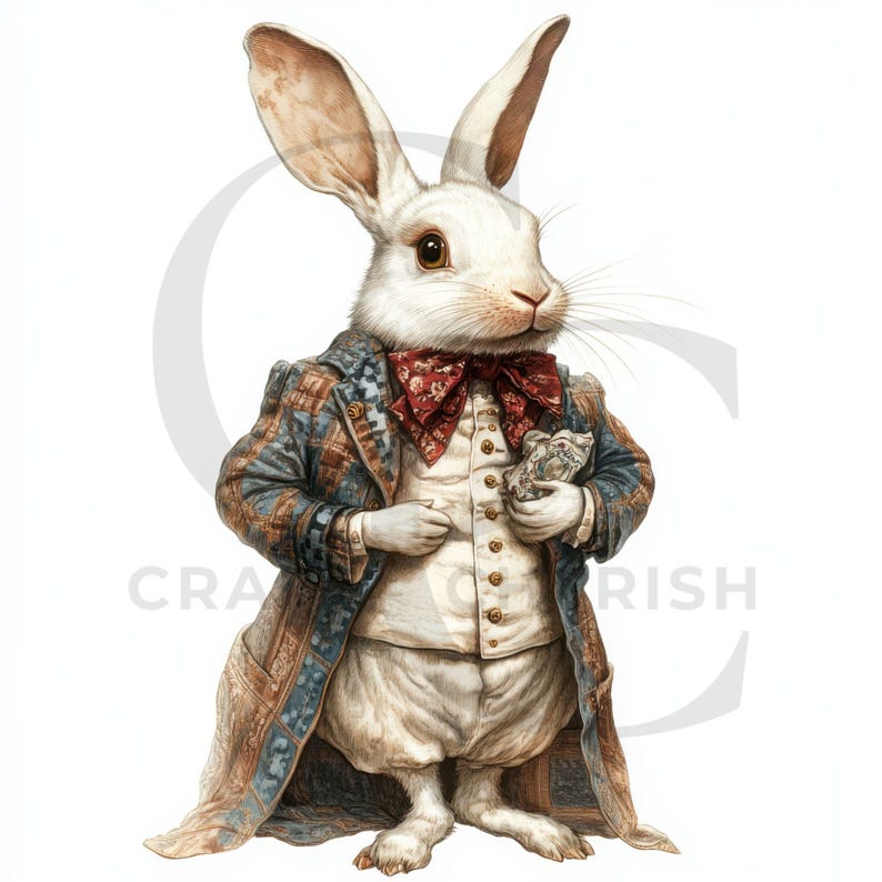 May include: A watercolor illustration of a white rabbit dressed in a patterned coat, vest, and bow tie. The rabbit is holding a small object and has long ears. The image has a whimsical, storybook feel, with the word "CRAFTISH" partially visible.