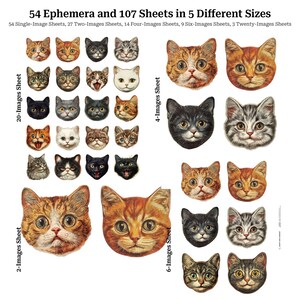 May include: A collection of vintage cat face ephemera sheets in various sizes. The sheets feature illustrations of cat faces in different colors and expressions. The text reads "54 Ephemera and 107 Sheets in 5 Different Sizes".