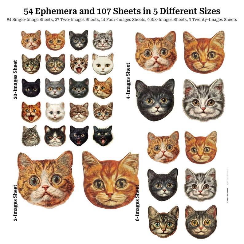 May include: A collection of vintage cat face ephemera sheets in various sizes. The sheets feature illustrations of cat faces in different colors and expressions. The text reads "54 Ephemera and 107 Sheets in 5 Different Sizes".