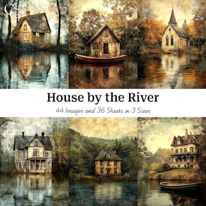 44 images de maison au bord de l'eau, maison victorienne rustique au bord de la rivière, images imprimables vintage poétiques pour créations en papier, journal indésirable, scrapbooking