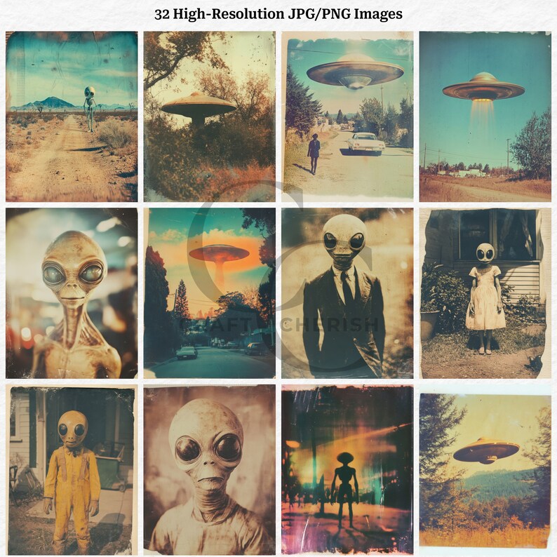 May include: A collection of vintage-style prints featuring extraterrestrial beings and flying saucers in various settings. The images have a retro aesthetic with faded colors and distressed textures, evoking a sense of nostalgia and mystery.