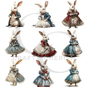 May include: Nine illustrations of anthropomorphic rabbits dressed in Victorian-era clothing. The rabbits wear coats, dresses, and bows in shades of blue, red, and cream. The image has a vintage, storybook aesthetic.