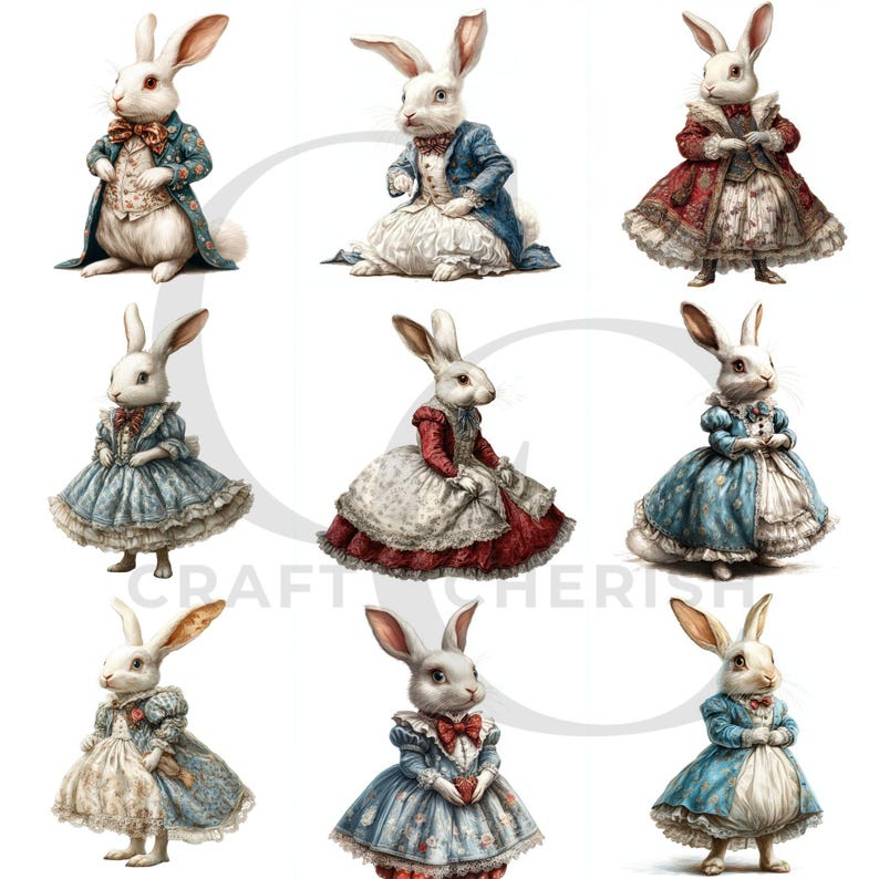 May include: Nine illustrations of anthropomorphic rabbits dressed in Victorian-era clothing. The rabbits wear coats, dresses, and bows in shades of blue, red, and cream. The image has a vintage, storybook aesthetic.