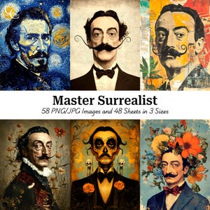 58 ritratti surrealisti di maestri, ritratto di Salvador Dalì, arte digitale, papercraft, diario di scarto, album, alta qualità, download digitale