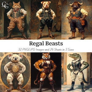 32 Majestic Animal Printable Images, Whimsical Anthropomorphic Animals, Paper Craft, Ephemera, Junk Journal, Scrapbook, Digital Download, CU