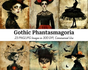 Gothic Witch Digital Art: Horror Surreal Halloween Images for Junk Journals (Digital Download)