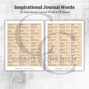 May include: Two sheets of paper with inspirational journal words printed on them. The words are in a vintage style with a beige background and black text. The top of the image reads "Inspirational Journal Words" and "42 Inspirational Journal Words on 6 Sheets."