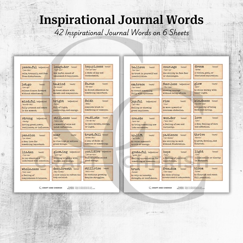 May include: Two sheets of paper with inspirational journal words printed on them. The words are in a vintage style with a beige background and black text. The top of the image reads "Inspirational Journal Words" and "42 Inspirational Journal Words on 6 Sheets."