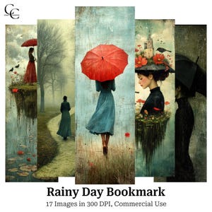 Marque-page 17 jours de pluie, art surréaliste, femme au parapluie, femme surréaliste, papercraft, journal indésirable, scrapbooking, haute qualité, téléchargement numérique