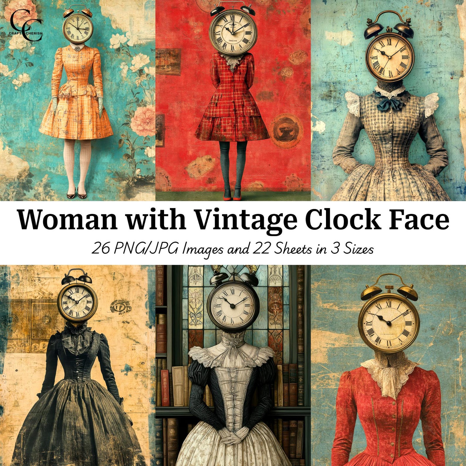 Clock Face Woman Printable Images: Whimsical Head Girl for Junk ...