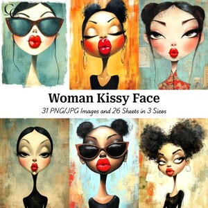 May include: A collection of six stylized illustrations of women's faces with exaggerated features, including large red lips and expressive eyes. The images are in a cartoon style, with some wearing sunglasses. The text "Woman Kissy Face" is displayed.