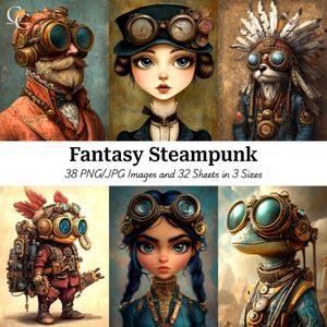 38 ilustraciones de fantasía steampunk para imprimir, arte de personajes mecánicos, manualidades de papel, diarios basura, álbumes de recortes, alta calidad, CU