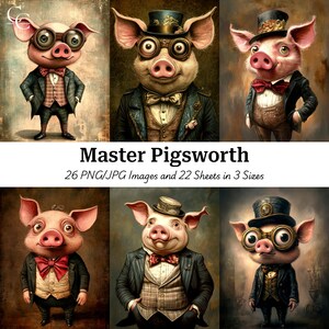 26 Lustige Comic-Schweine in der Kleidung Digitale Illustration, schrullig Schweine, Papierhandwerk, Scrapbooking Journaling Hohe Qualität, digitaler Download