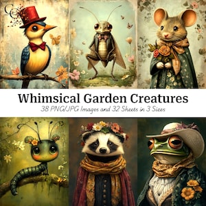 38 Whimsical Garden Creature Illustrations, Anthropomorphic Garden Characters, Paper Craft, Junk Journal, Scrapbook, High Quality, CU