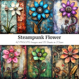 42 fleurs steampunk fantaisistes, graphiques botaniques, images imprimables, créations en papier, scrapbooking, journal intime, haute qualité, téléchargement numérique, CU