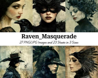 May include: Digital art collection titled "Raven_Masquerade" featuring portraits of women with raven-themed masks and headwear. The images have a vintage, gothic aesthetic with muted colors and textures. The collection includes 27 PNG/JPG images and 23 sheets in 3 sizes.