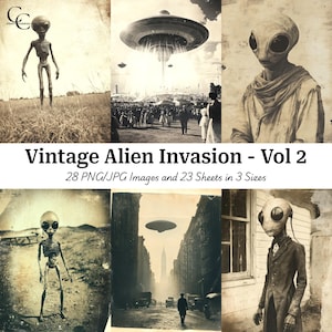 May include: A collection of vintage-style images depicting alien invasion scenes. The images are in sepia tones and feature extraterrestrial beings, flying saucers, and retro settings. Text on the image reads "Vintage Alien Invasion - Vol 2".