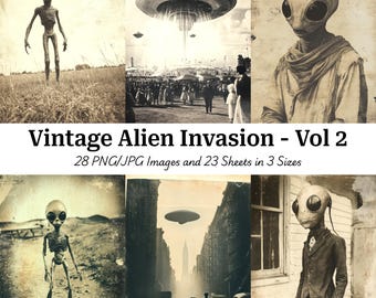 Puede incluir: Una colección de imágenes de estilo vintage que representan escenas de invasión alienígena. Las imágenes están en tonos sepia y presentan seres extraterrestres, platillos volantes y escenarios retro. El texto en la imagen dice "Vintage Alien Invasion - Vol 2".