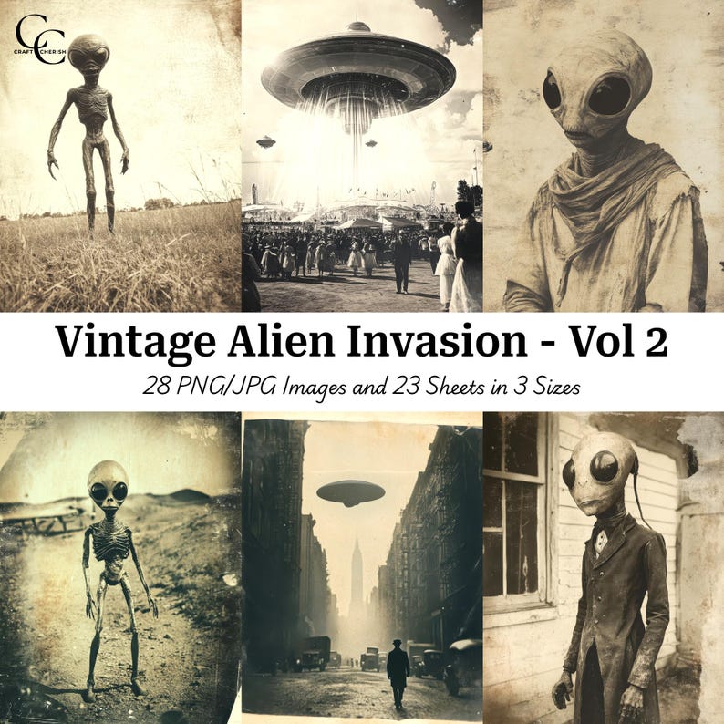 May include: A collection of vintage-style images depicting alien invasion scenes. The images are in sepia tones and feature extraterrestrial beings, flying saucers, and retro settings. Text on the image reads "Vintage Alien Invasion - Vol 2".