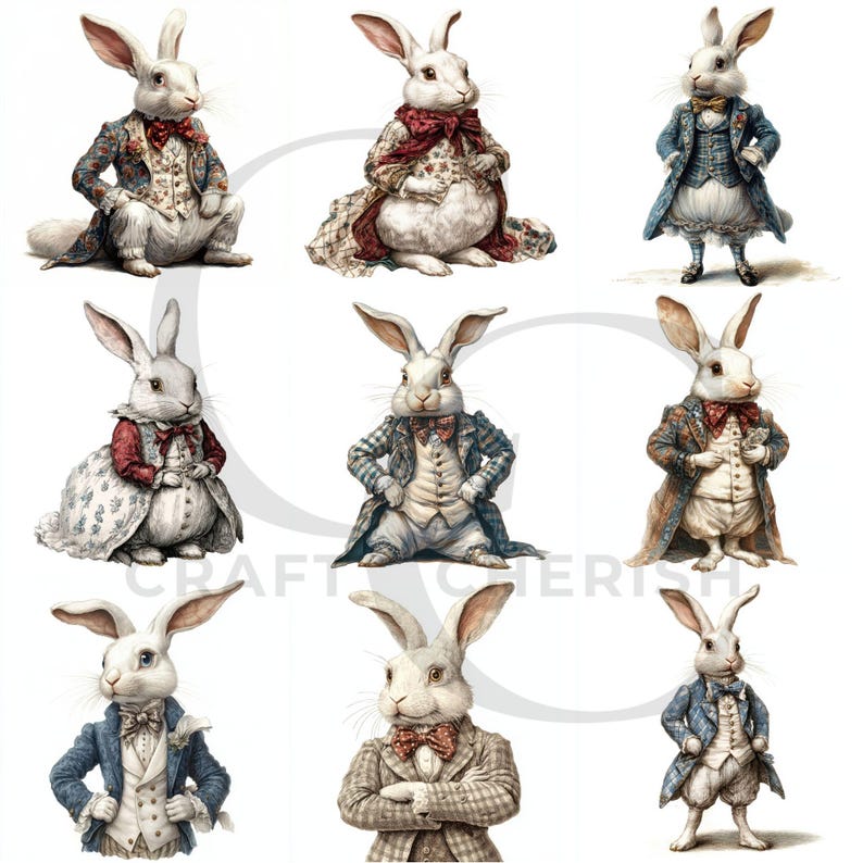 May include: Nine watercolor illustrations of white rabbits dressed in vintage attire. Each rabbit wears a different outfit, including coats, vests, and bow ties, in various colors and patterns. The rabbits have long ears and are posed in different positions.