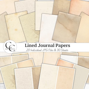 Könnte beinhalten: Eine Sammlung von linierten Journalpapieren im Vintage-Stil in verschiedenen Beige- und Cremetönen. Die Papiere haben einen Used-Look mit dezenten Flecken und Linien. Das Bild enthält den Text "Lined Journal Papers" und "20 Individual JPG Files & 30 Sheets".