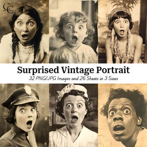 32 retratos de expresiones faciales vintage de gritos silenciosos en sepia, con filtro sepia, para diario basura, álbum de recortes, alta calidad, descarga digital