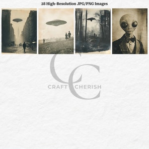 May include: A collection of vintage-style prints featuring UFOs hovering over various landscapes. The images are in sepia tones, depicting scenes from city streets to rural settings, and an alien portrait. The text "28 High-Resolution JPG/PNG Images" is at the top.