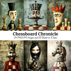 24 Chessboard Chronicles Illustration, Funny Cartoon Chess Characters, Paper Craft, Scrapbooking, Journaling, High Quality, Digital Download