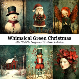 50 oeuvres d'art de Noël vert forêt fantaisistes, illustrations enchantées de Noël surréaliste dans les bois, créations en papier, journal, scrapbooking, haute qualité