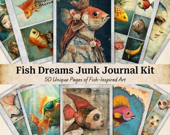 Fiskskräpjournal-kit, 50 surrealistiska, nyckfulla fiskbilder, digital nedladdning av scrapbook med blandteknik